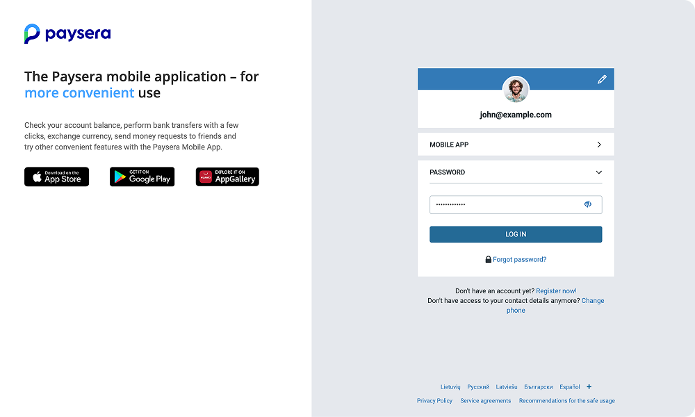Screenshot of the Paysera mobile app login screen asking for user credentials