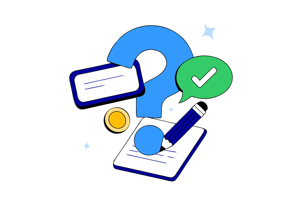 Abstract illustration with a question mark, chat bubbles, pencil and document &mdash; frequently asked questions