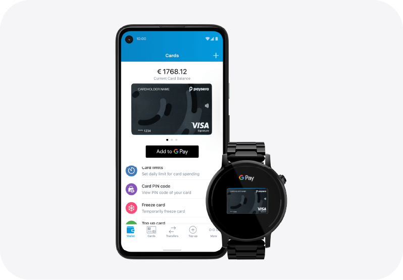 Smart Watch with Paysera Visa signature Card on it